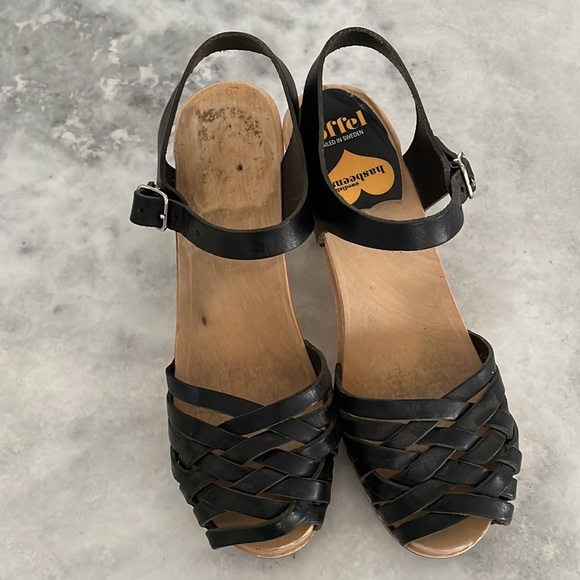 Swedish Hasbeens Black Braided Sky High Peep toe Wooden Stapled Clogs/Sandals - Picture 7 of 16